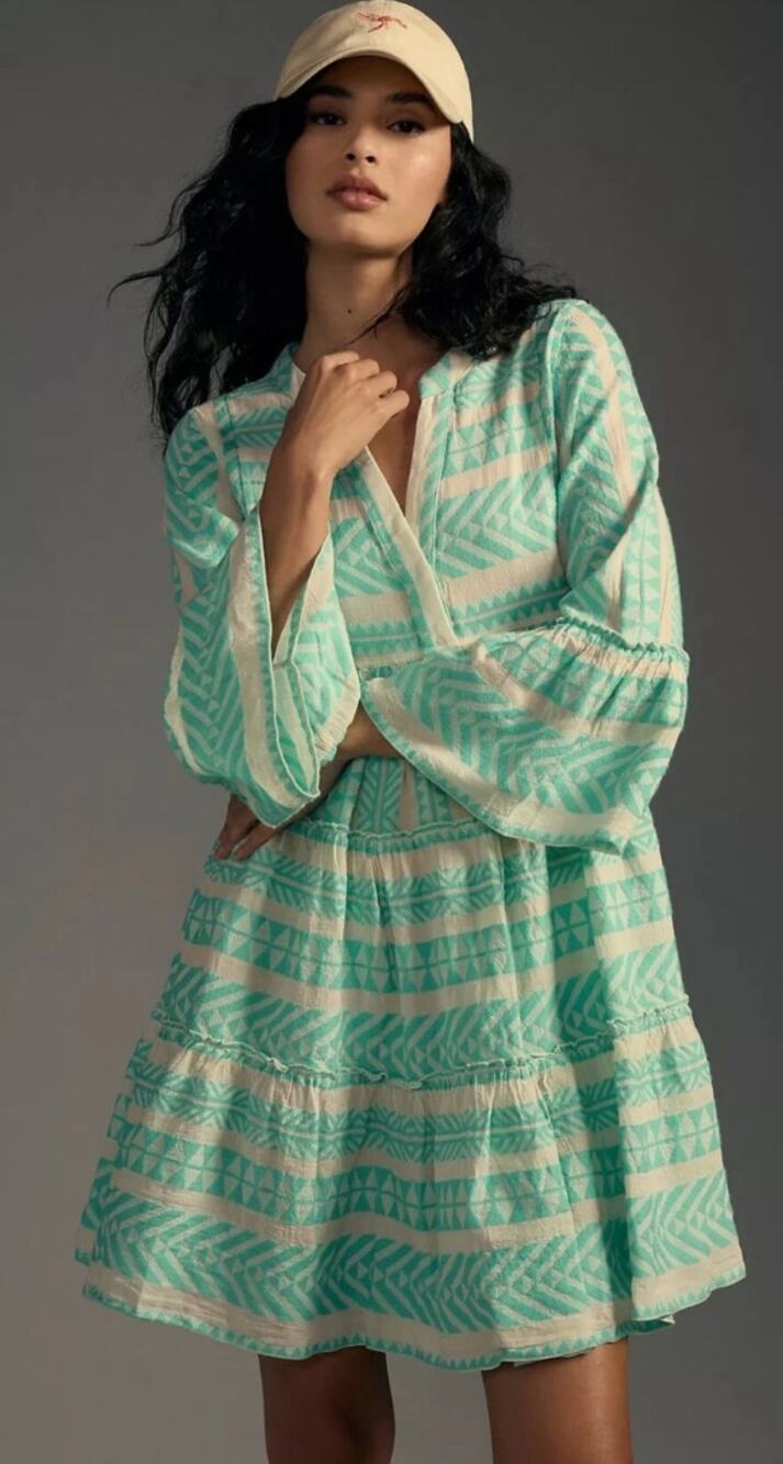 Devotion Twins Embroidered Ella Dress in Aqua Blue and White Cream Size XS